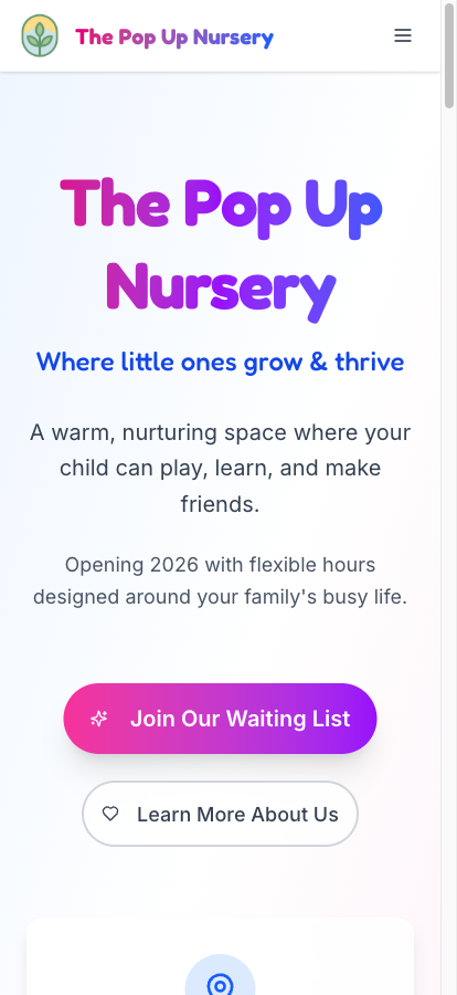 thepopupnursery.co.uk homepage on desktop — mobile nursery service marketing site in widescreen view