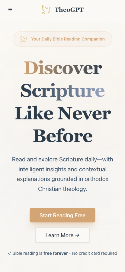 theogpt.ai homepage on desktop — biblical study platform UI in widescreen view